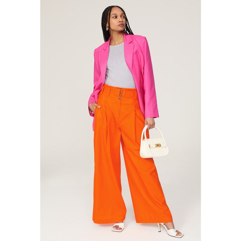 Eudon Choi Sz 0 (xs) solid orange High Waist Pleated Wide Leg Pants Linen